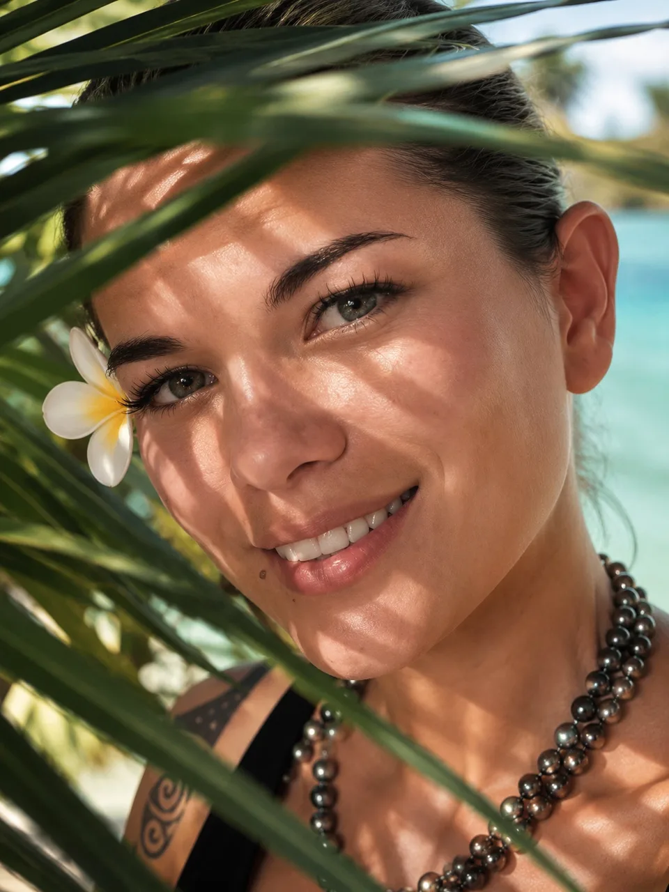 Portrait naturel sous une lumière solaire, entouré de feuillage tropical
